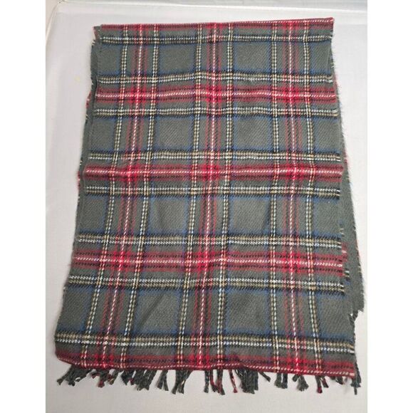 Vintage Gray & Red Tartan 100% Cashmere Scarf With Fringe old money warm soft - Picture 3 of 5